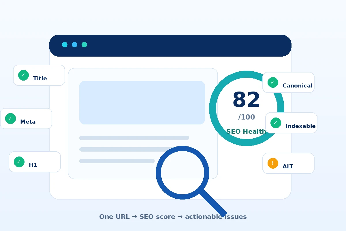 Ilustrasi hasil audit SEO website dengan skor dan status masalah