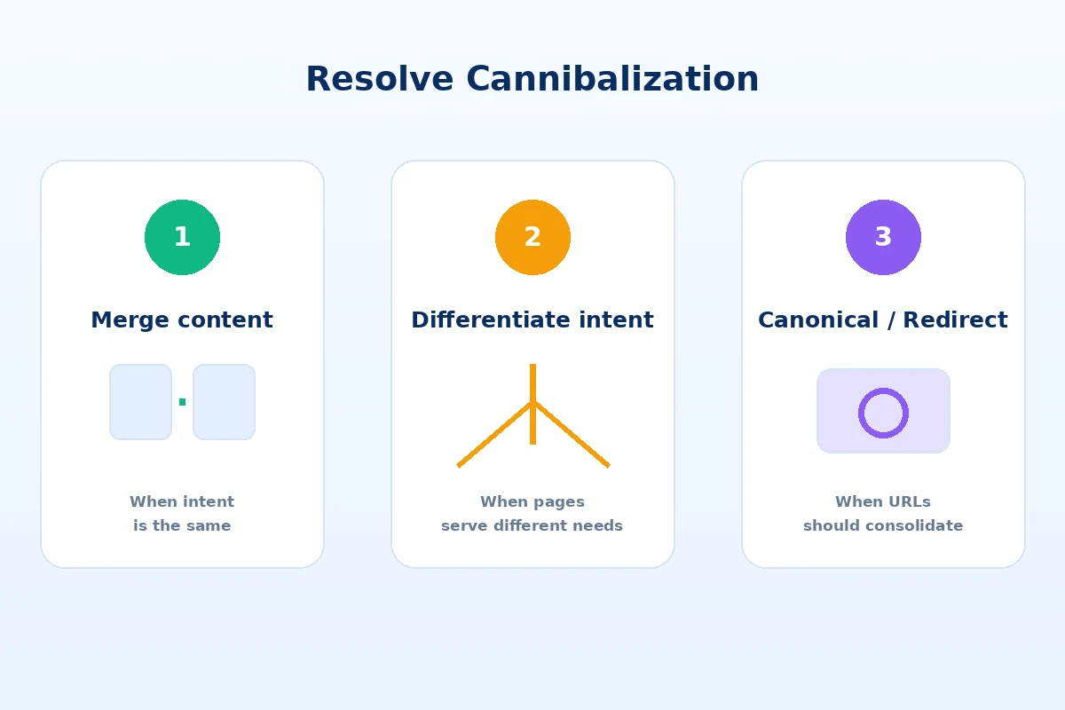 Pilihan penanganan keyword cannibalization melalui merge intent atau canonical