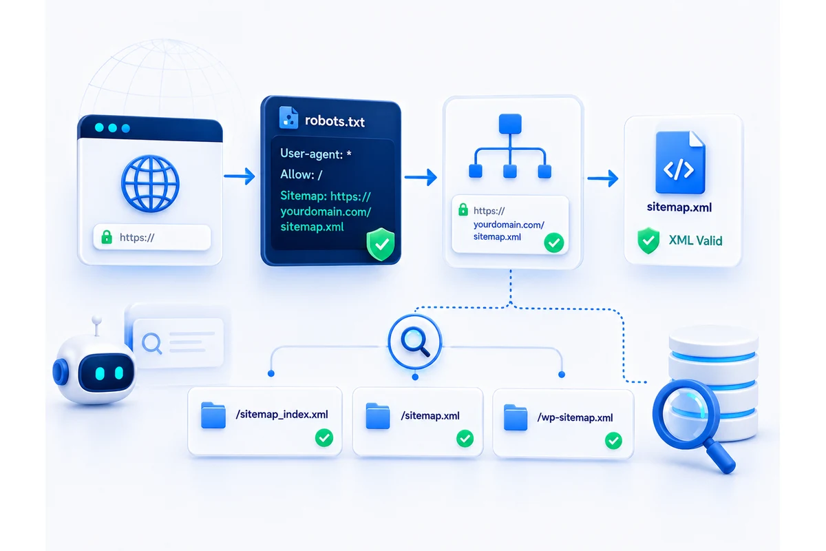 Alur menemukan sitemap melalui robots.txt dan lokasi umum