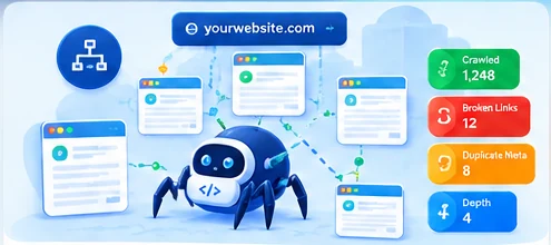 Ilustrasi full site crawler IDZ SEO yang menjelajahi banyak halaman dan menemukan broken link serta duplicate meta