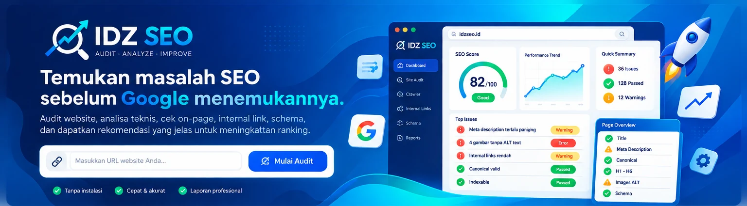 Preview dashboard audit SEO IDZ SEO dengan skor, performa dan daftar masalah halaman