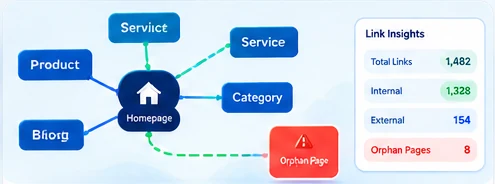 Ilustrasi struktur internal link website dengan homepage, halaman kategori, produk dan orphan page