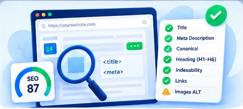 Ilustrasi audit SEO satu halaman dengan pemeriksaan title, meta description, canonical dan heading