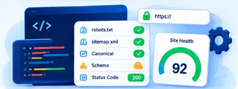 Ilustrasi technical SEO dengan robots.txt, sitemap, canonical, schema dan status code