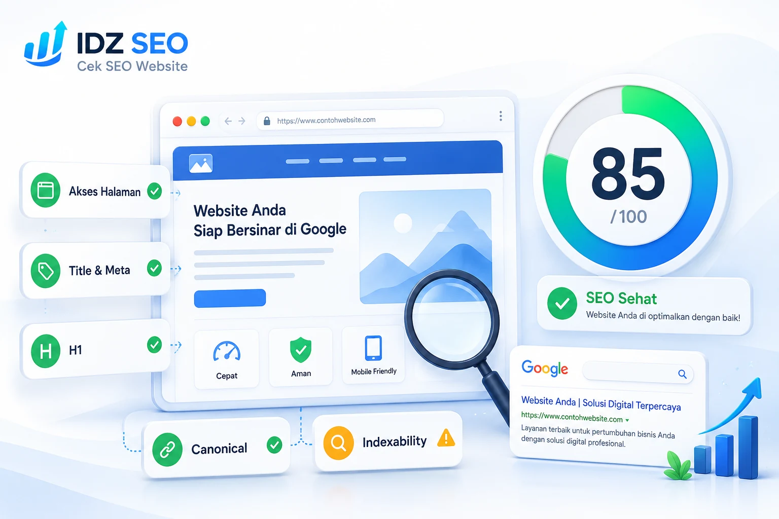 Ilustrasi edukatif cek SEO website IDZ SEO dengan akses halaman, title, meta, H1, canonical dan indexability