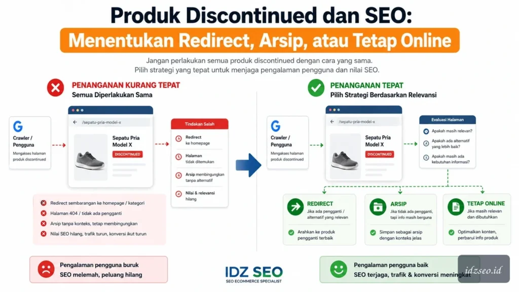 Ilustrasi discontinued product seo — IDZ SEO