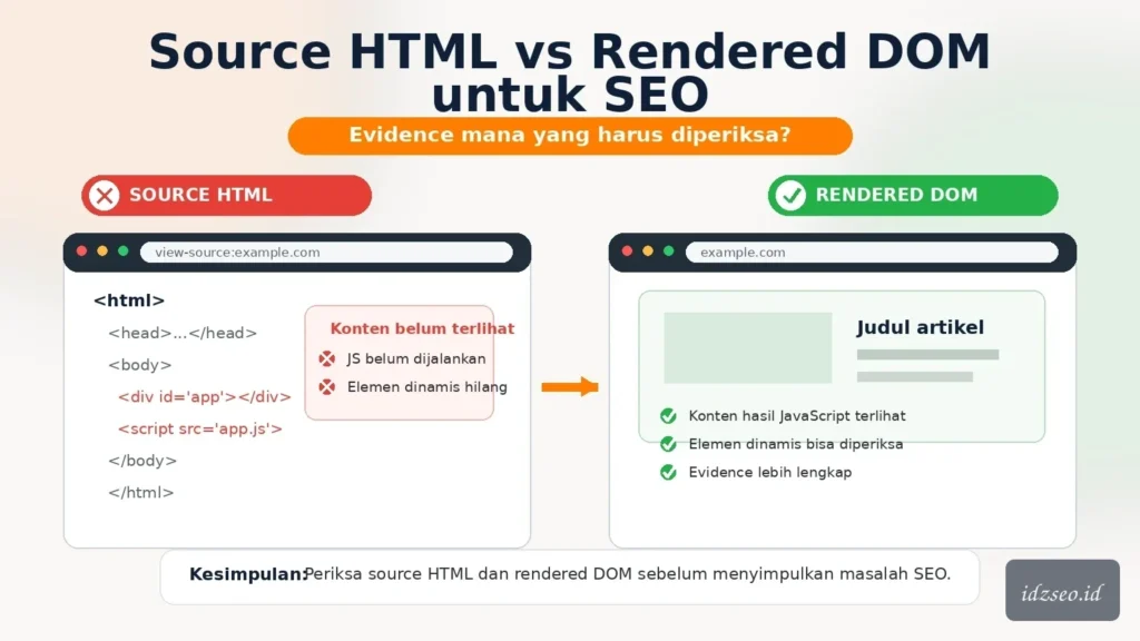 Ilustrasi source html vs rendered dom seo — IDZ SEO