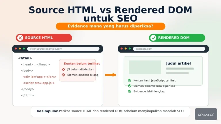 Ilustrasi source html vs rendered dom seo — IDZ SEO